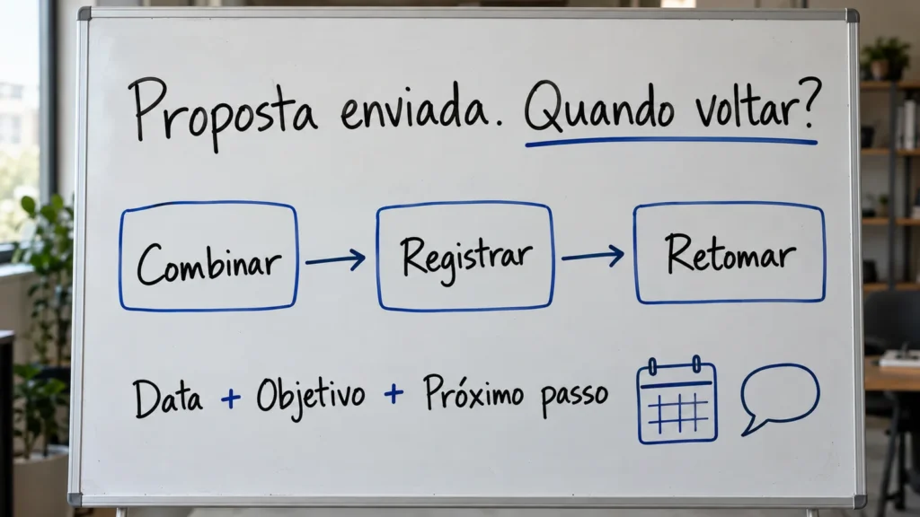 Quadro branco com as etapas combinar, registrar e retomar, destacando data, objetivo e próximo passo.
